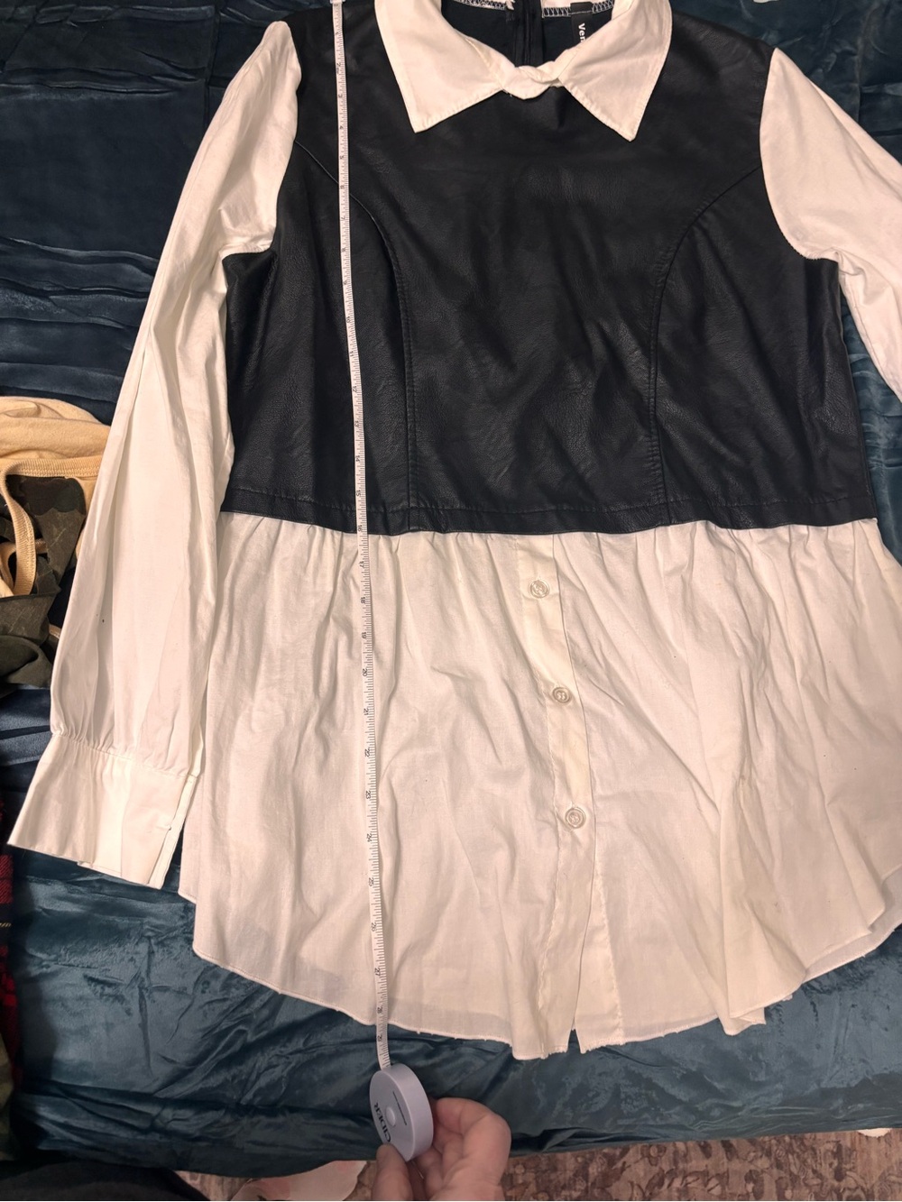 Women's Black faux leather Overlay & White Button-Down Shirt - Picture 11 of 12
